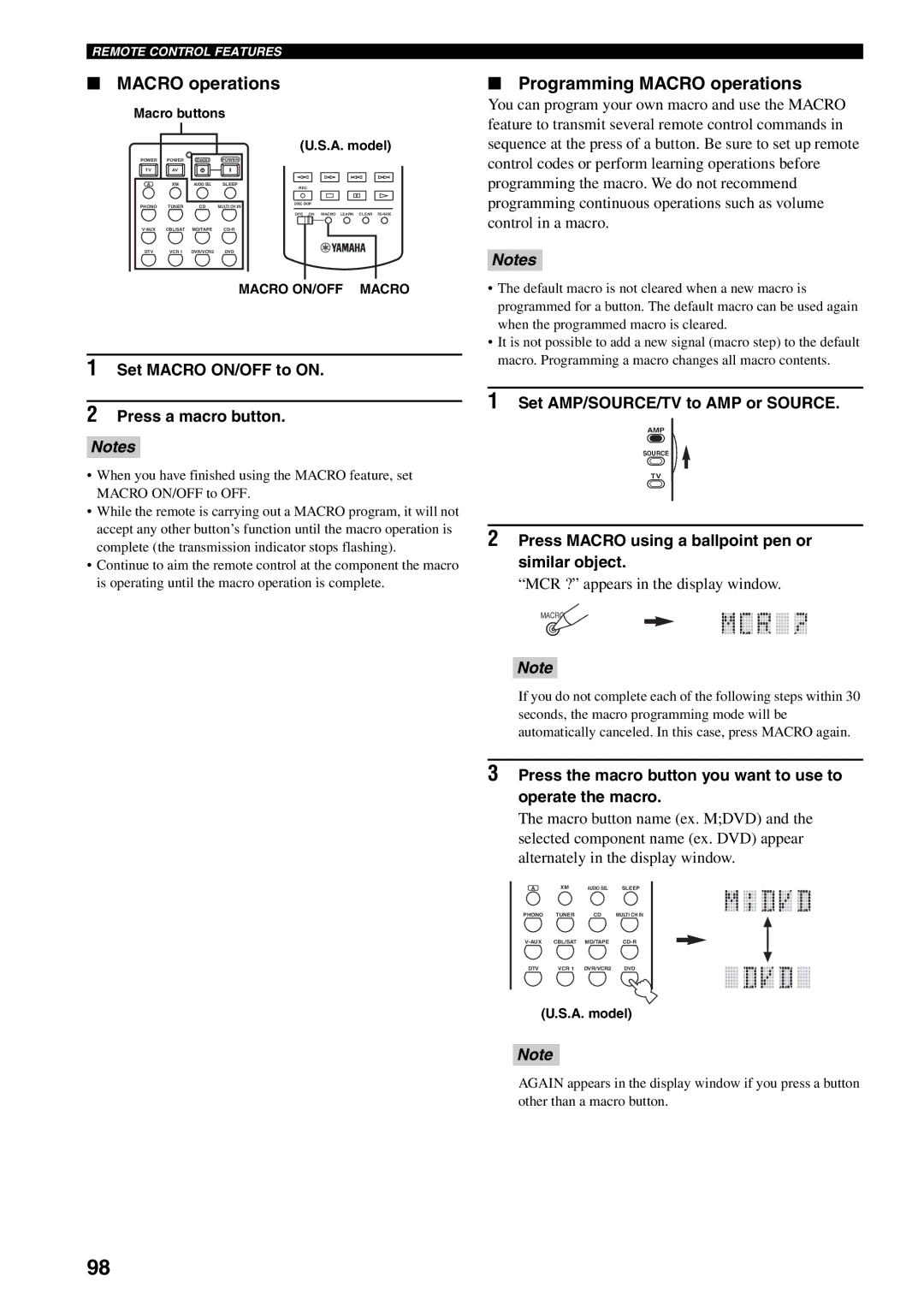 Yamaha HTR-5990 owner manual Programming Macro operations, Set Macro ON/OFF to on Press a macro button 