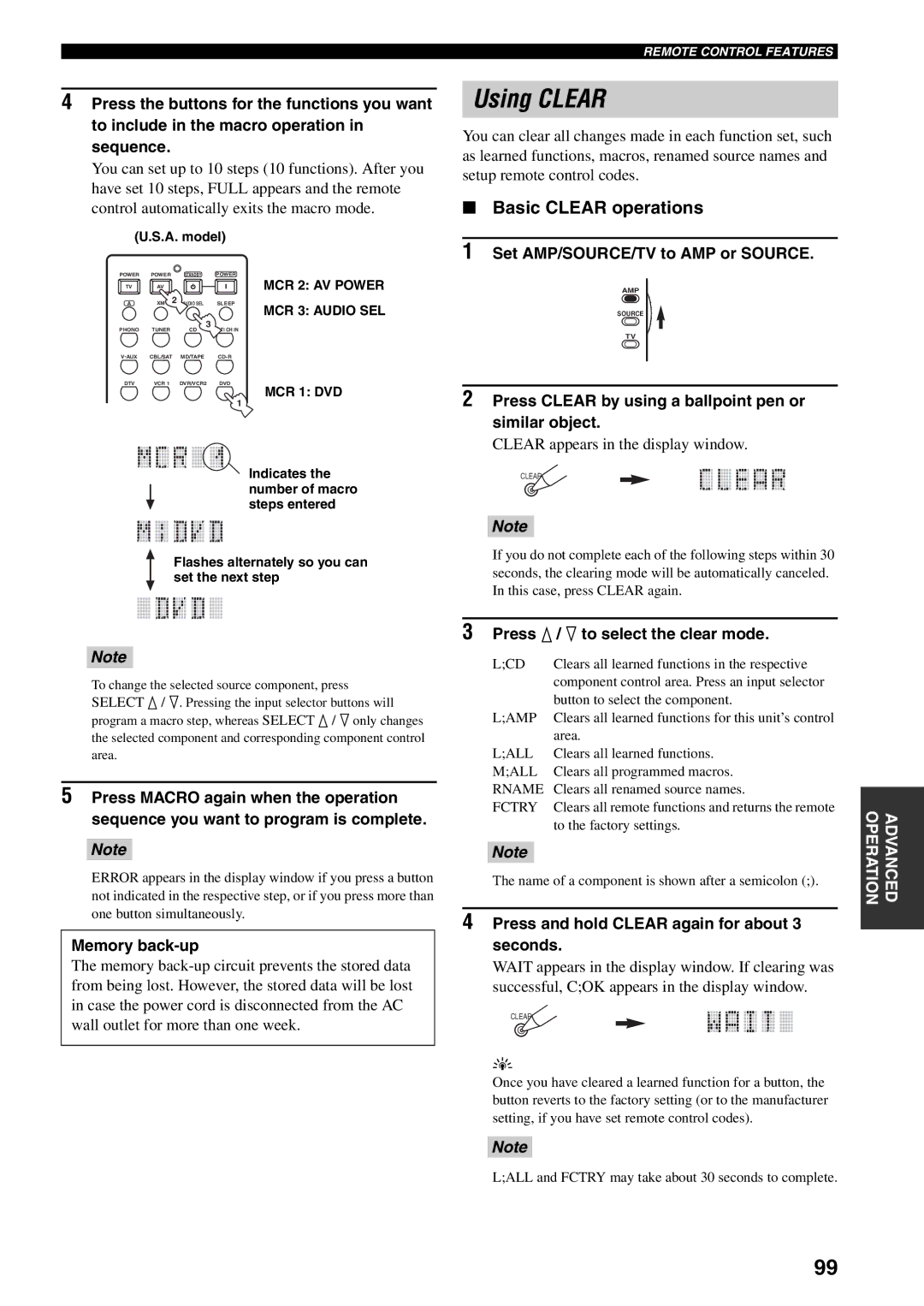 Yamaha HTR-5990 owner manual Using Clear, Basic Clear operations, Press Clear by using a ballpoint pen or similar object 