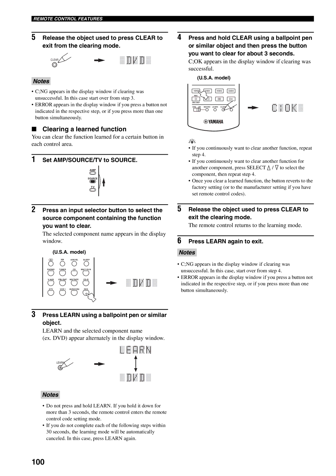 Yamaha HTR-5990 100, Clearing a learned function, Remote control returns to the learning mode, Press Learn again to exit 