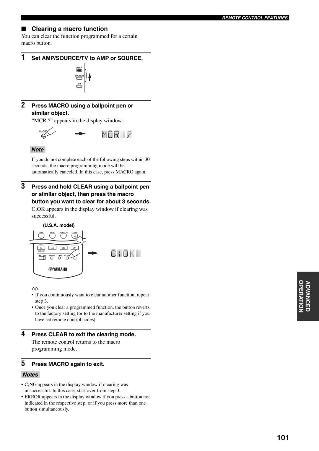 Yamaha HTR-5990 101, Clearing a macro function, Press Clear to exit the clearing mode, Press Macro again to exit 