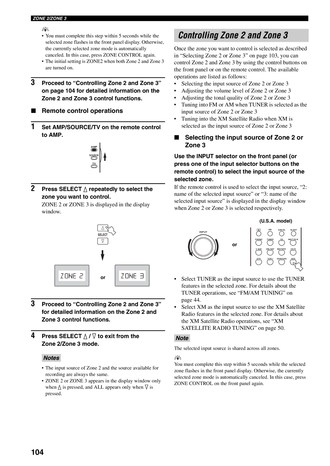 Yamaha HTR-5990 Controlling Zone 2 and Zone, 104, Remote control operations, Selecting the input source of Zone 2 or Zone 