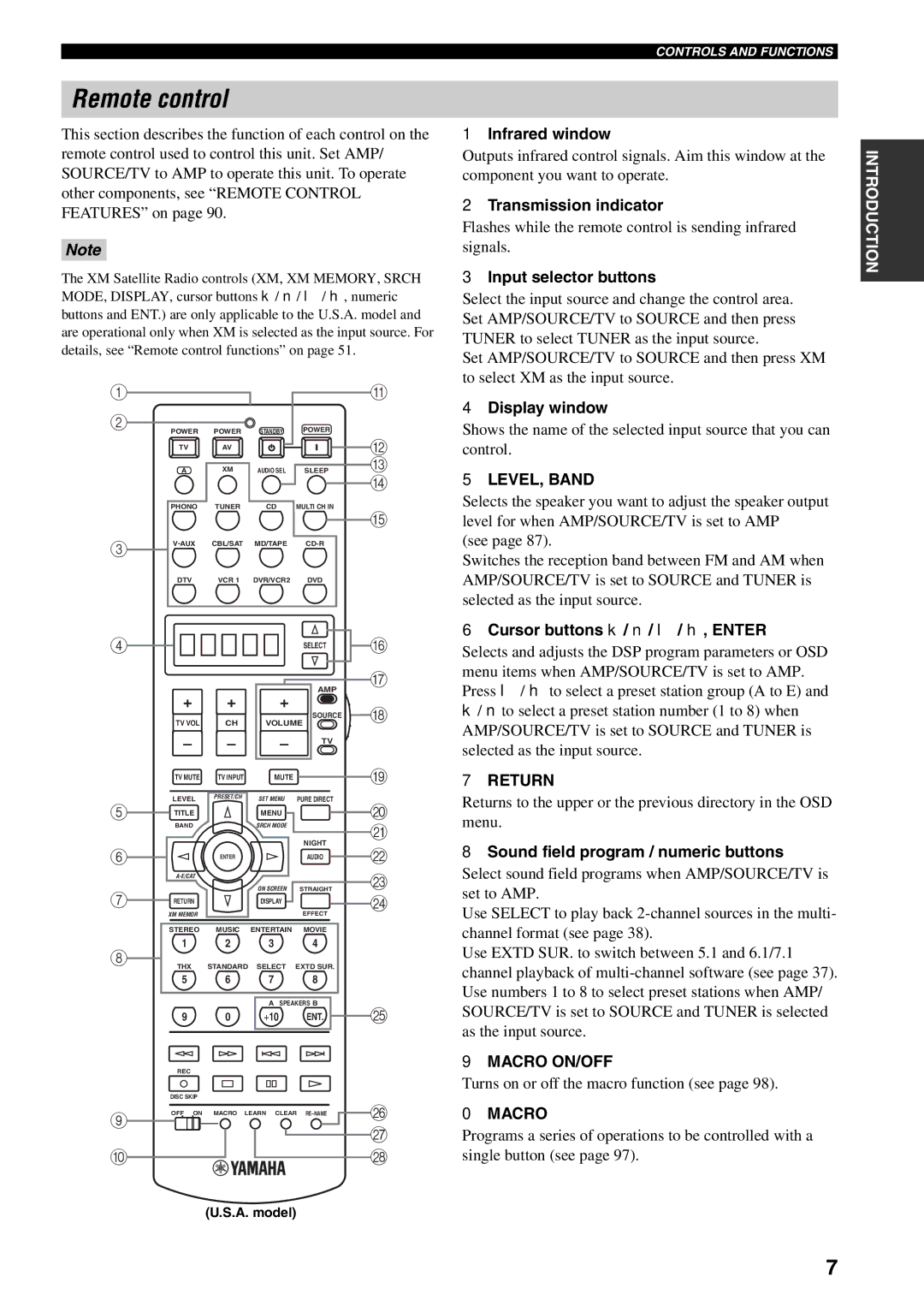 Yamaha HTR-5990 owner manual Remote control, LEVEL, Band, Return, Macro ON/OFF 