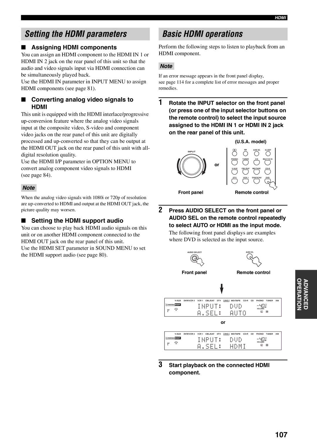 Yamaha HTR-5990 owner manual Setting the Hdmi parameters, Basic Hdmi operations, 107 