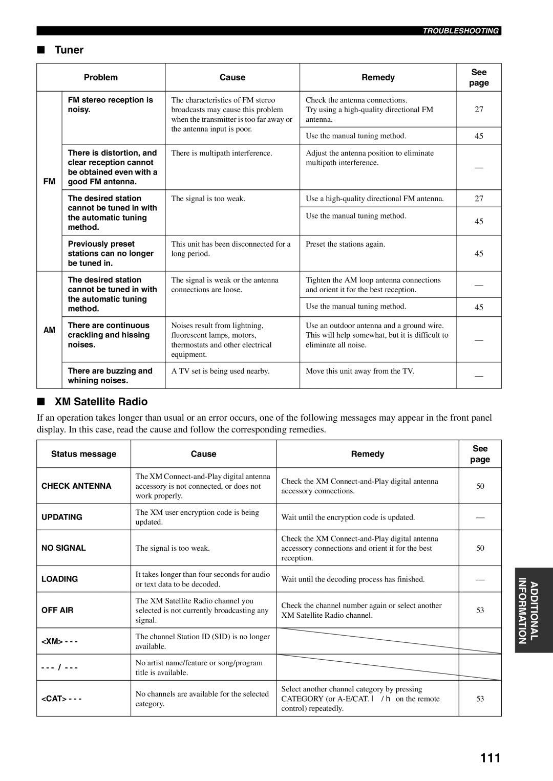 Yamaha HTR-5990 owner manual 111, Tuner, XM Satellite Radio 