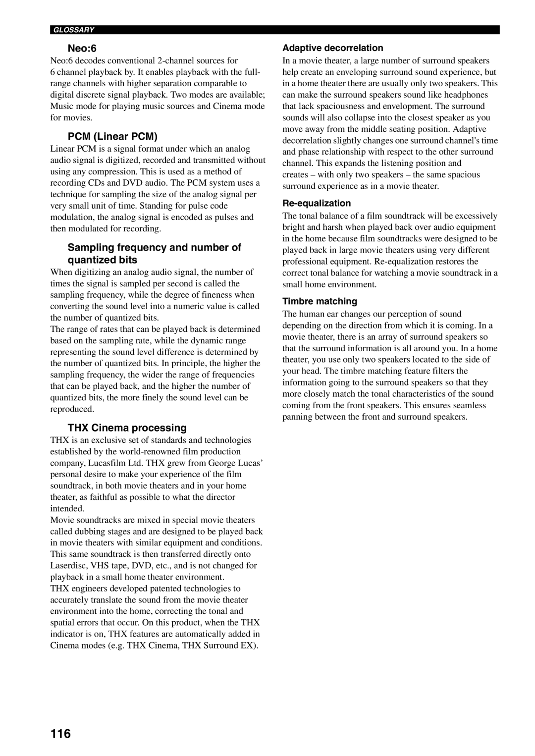 Yamaha HTR-5990 owner manual 116, Neo6, PCM Linear PCM, Sampling frequency and number Quantized bits, THX Cinema processing 