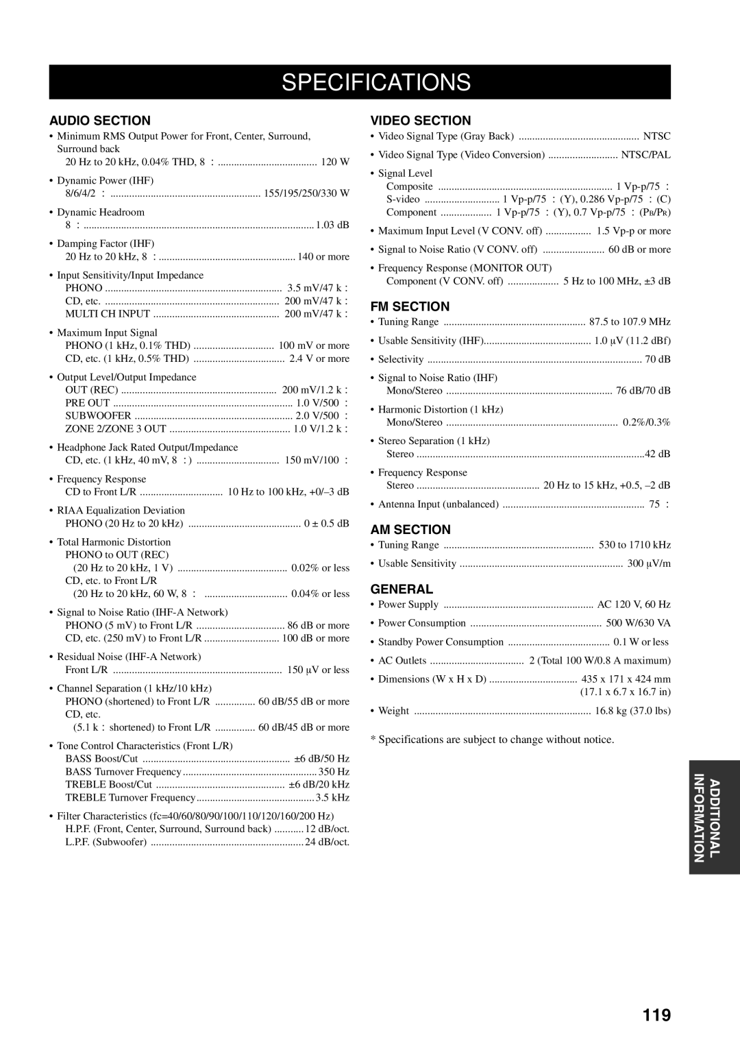 Yamaha HTR-5990 owner manual Specifications, 119 