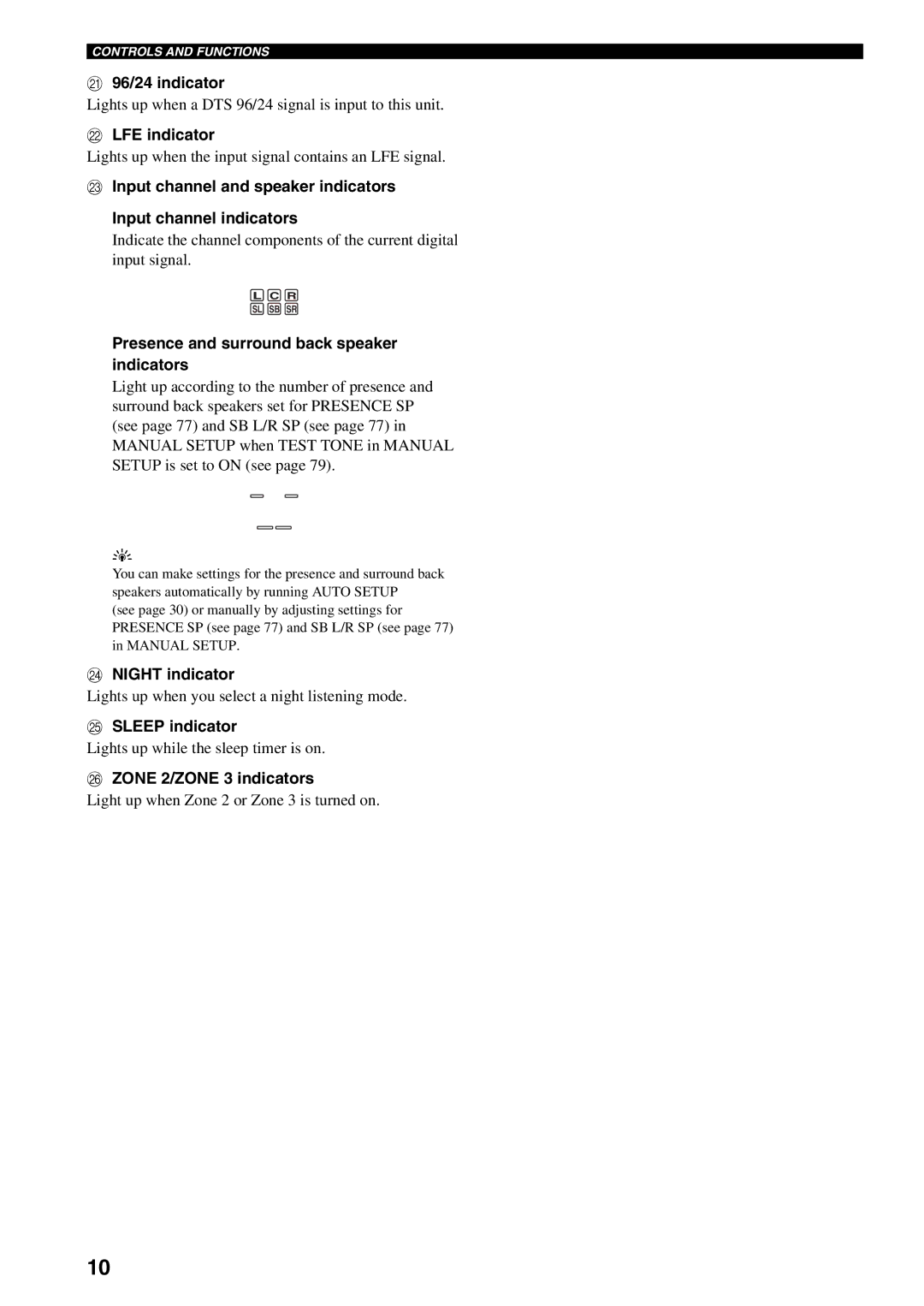 Yamaha HTR-5990 owner manual 96/24 indicator, LFE indicator, Presence and surround back speaker indicators, Night indicator 