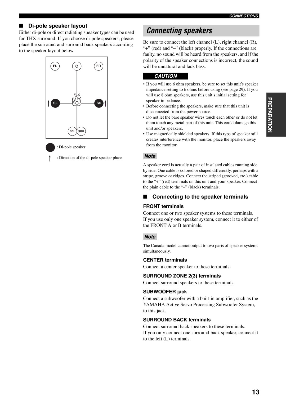 Yamaha HTR-5990 owner manual Connecting speakers, Di-pole speaker layout, Connecting to the speaker terminals 