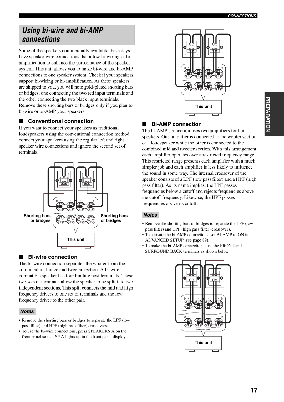 Yamaha HTR-5990 Using bi-wire and bi-AMP connections, Conventional connection, Bi-wire connection, Bi-AMP connection 