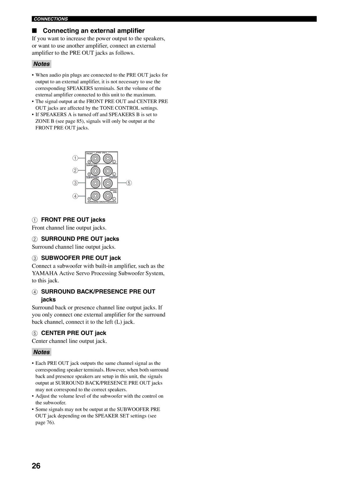 Yamaha HTR-5990 owner manual Connecting an external amplifier 