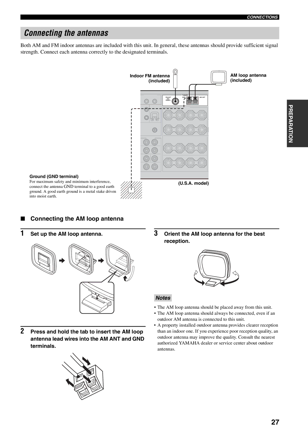 Yamaha HTR-5990 Connecting the antennas, Connecting the AM loop antenna, Ground GND terminal, Indoor FM antenna included 