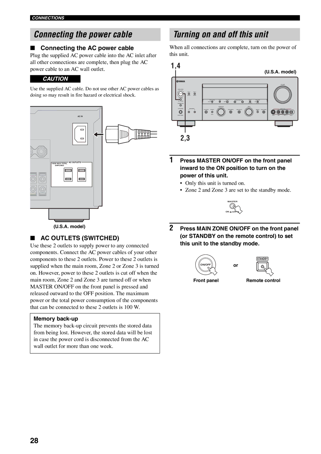 Yamaha HTR-5990 Connecting the power cable, Turning on and off this unit, Connecting the AC power cable, Memory back-up 