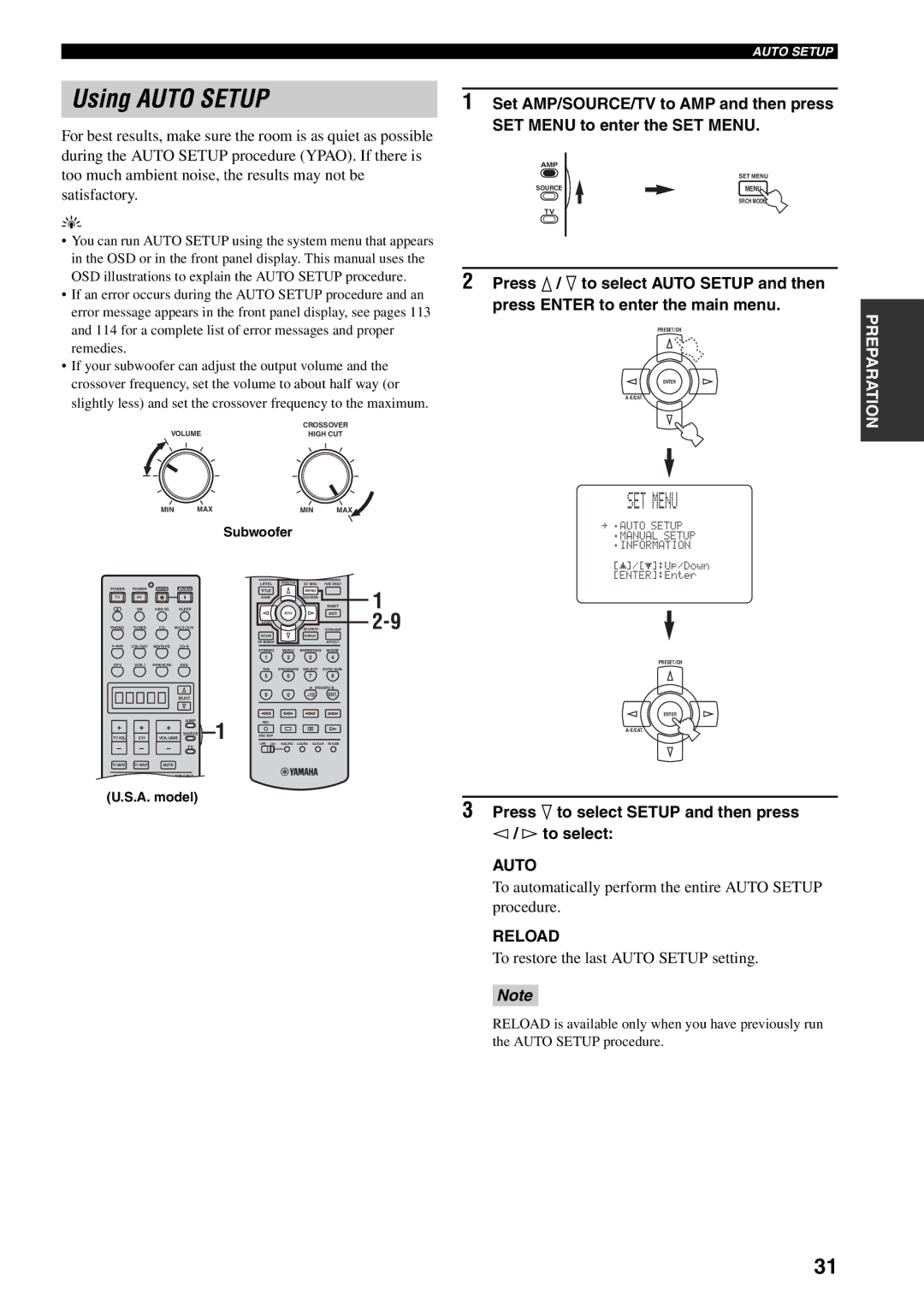 Yamaha HTR-5990 owner manual Using Auto Setup, SET Menu, Press n to select Setup and then press l / h to select, Reload 