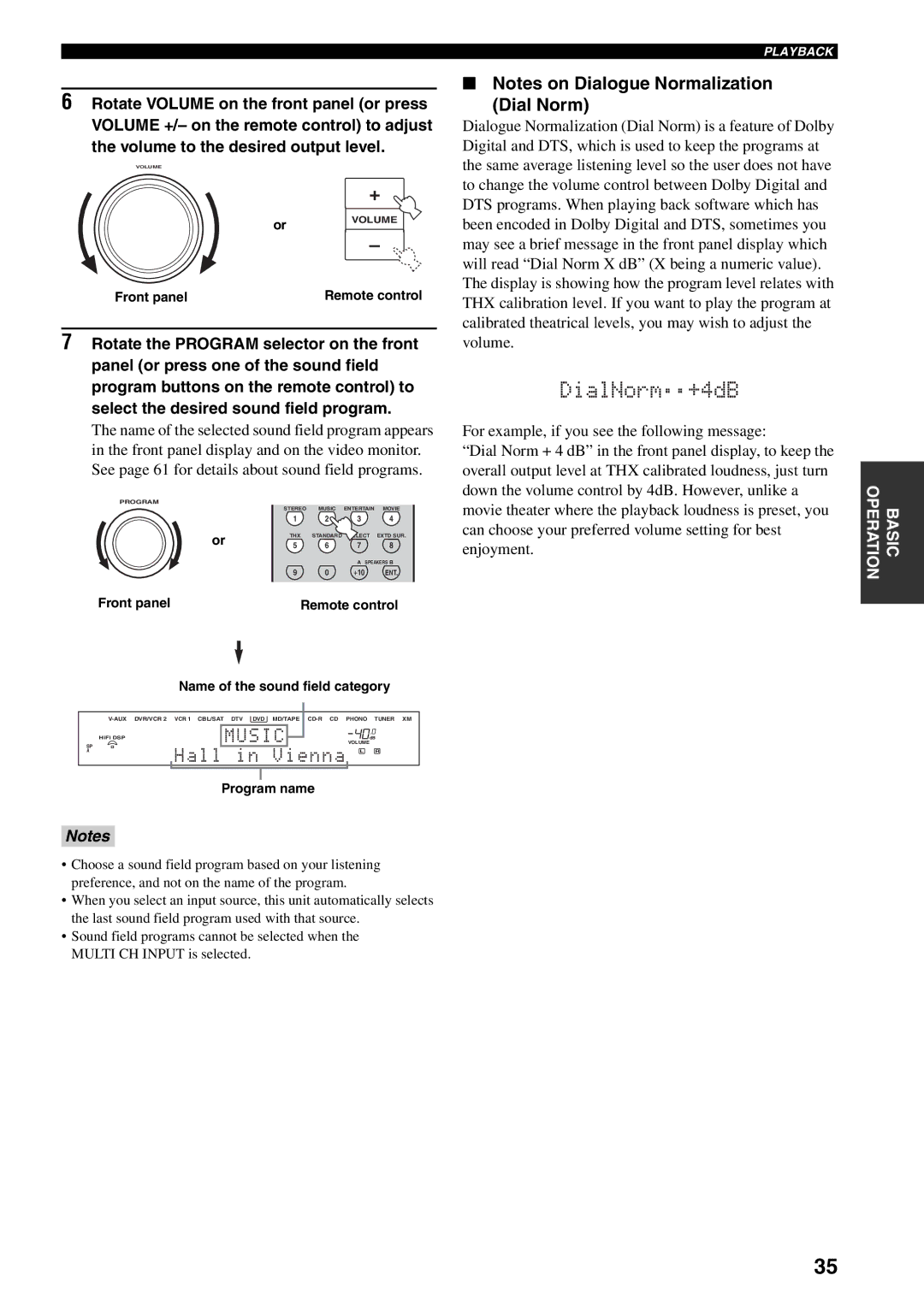 Yamaha HTR-5990 owner manual Dial Norm, Front panel Remote control Name of the sound field category, Program name 