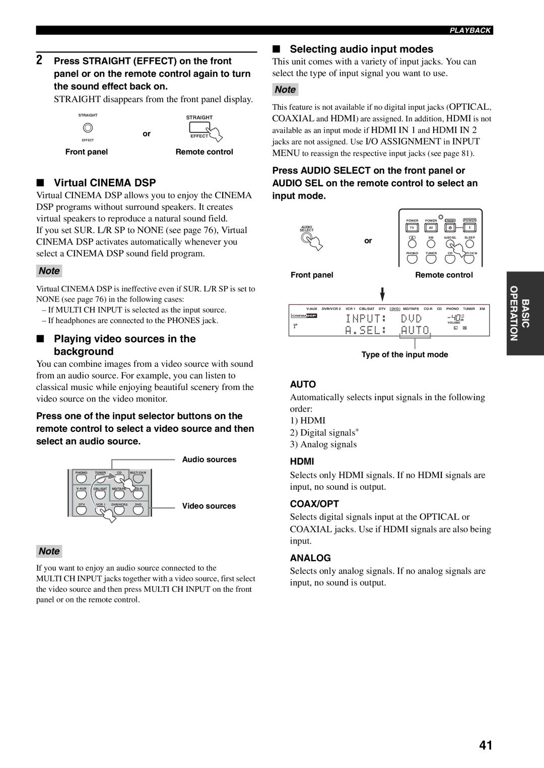 Yamaha HTR-5990 owner manual Virtual Cinema DSP, Playing video sources Background, Selecting audio input modes 