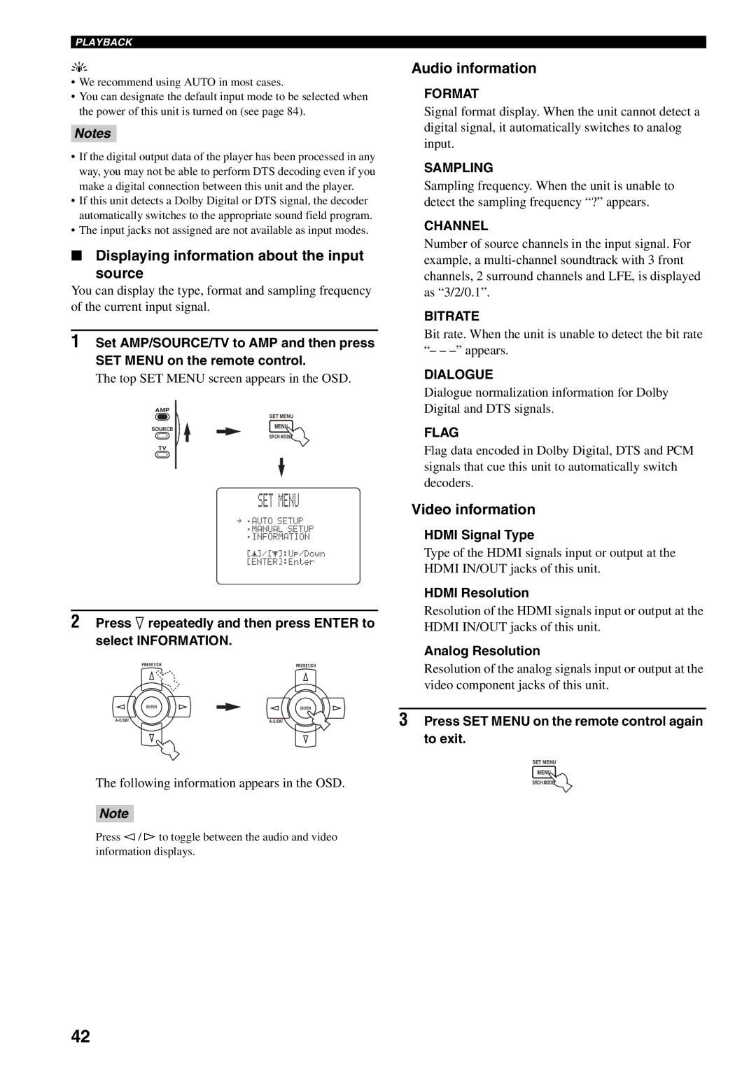 Yamaha HTR-5990 owner manual Displaying information about the input Source, Audio information, Video information 