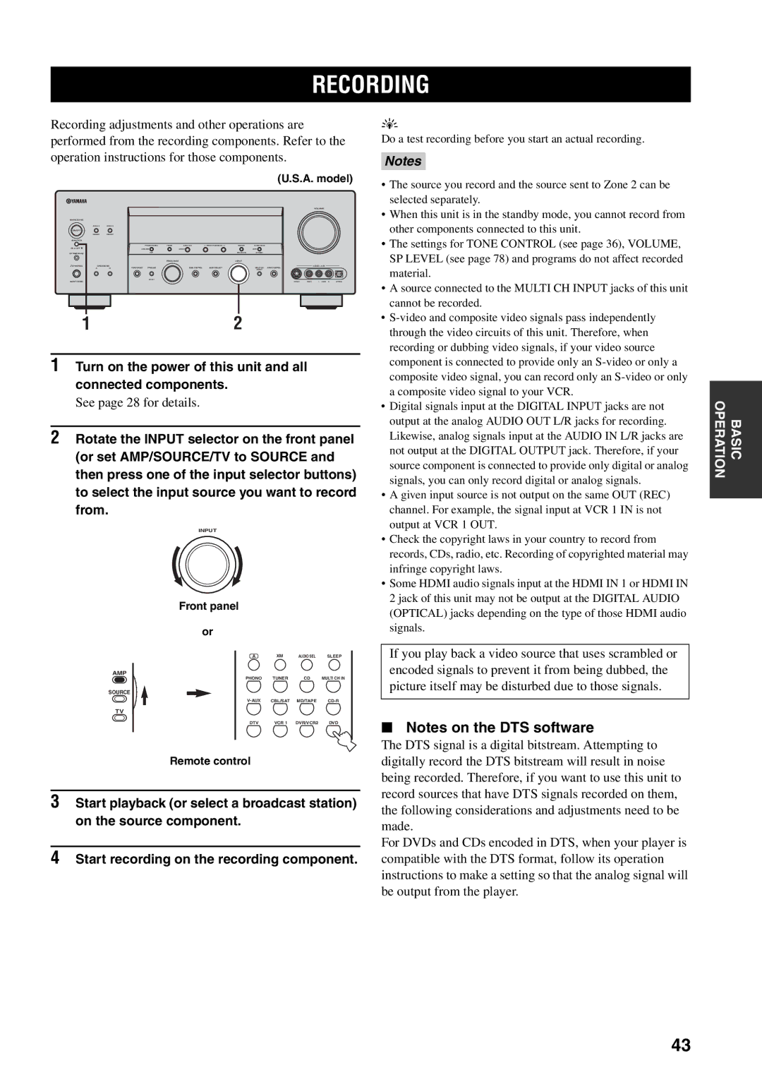 Yamaha HTR-5990 Recording, Turn on the power of this unit and all connected components, See page 28 for details 