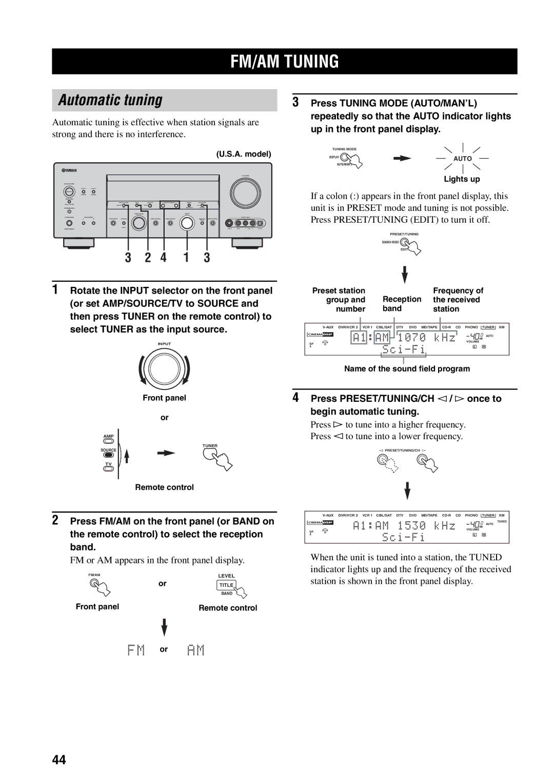 Yamaha HTR-5990 FM/AM Tuning, Automatic tuning, 4 1, Press PRESET/TUNING/CH l / h once to begin automatic tuning 