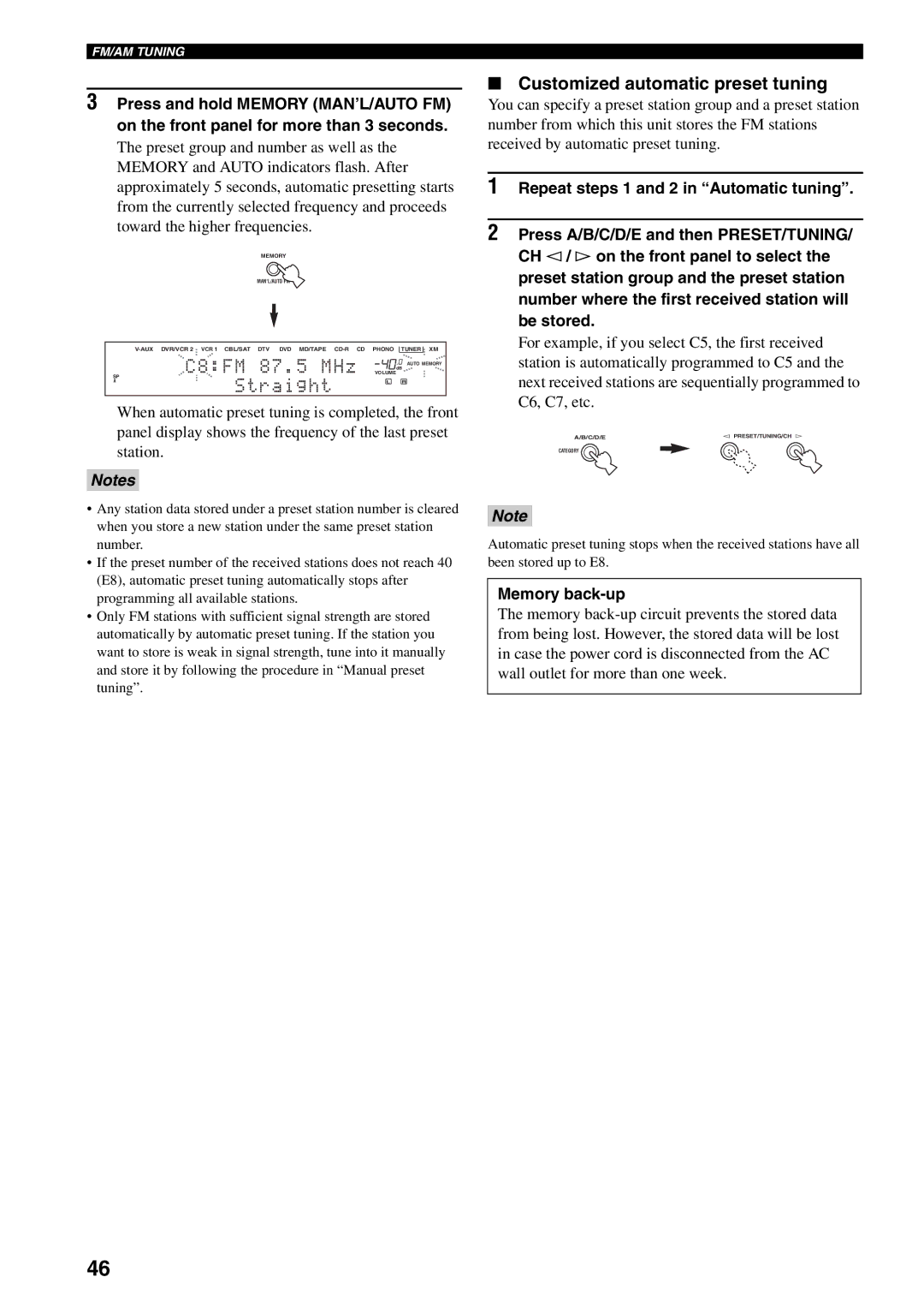 Yamaha HTR-5990 owner manual Customized automatic preset tuning, Memory back-up 