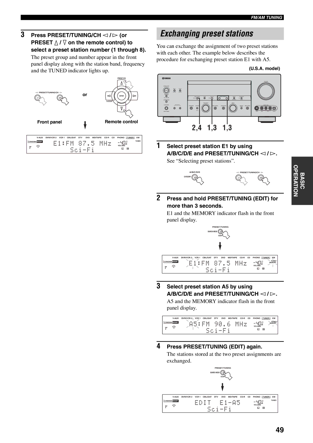 Yamaha HTR-5990 owner manual Exchanging preset stations, 1,3 1,3, Press and hold PRESET/TUNING Edit for more than 3 seconds 