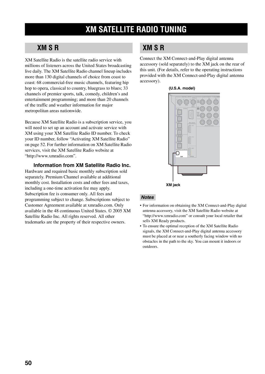 Yamaha HTR-5990 XM Satellite Radio Tuning, What is XM Satellite Radio?, XM Satellite Radio connections, XM jack 