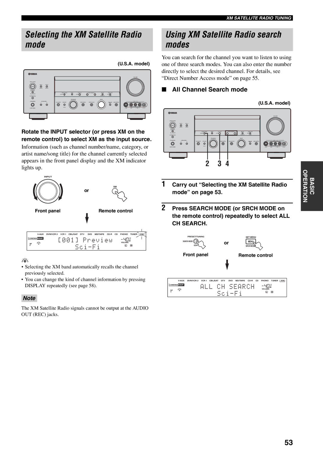 Yamaha HTR-5990 Selecting the XM Satellite Radio mode, Using XM Satellite Radio search modes, All Channel Search mode 