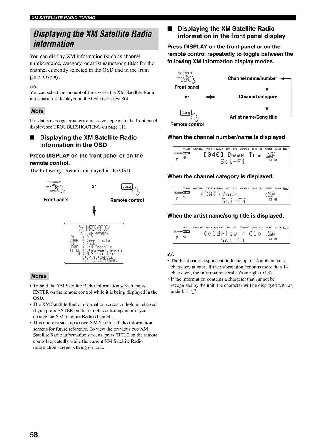 Yamaha HTR-5990 owner manual Displaying the XM Satellite Radio information in the OSD 