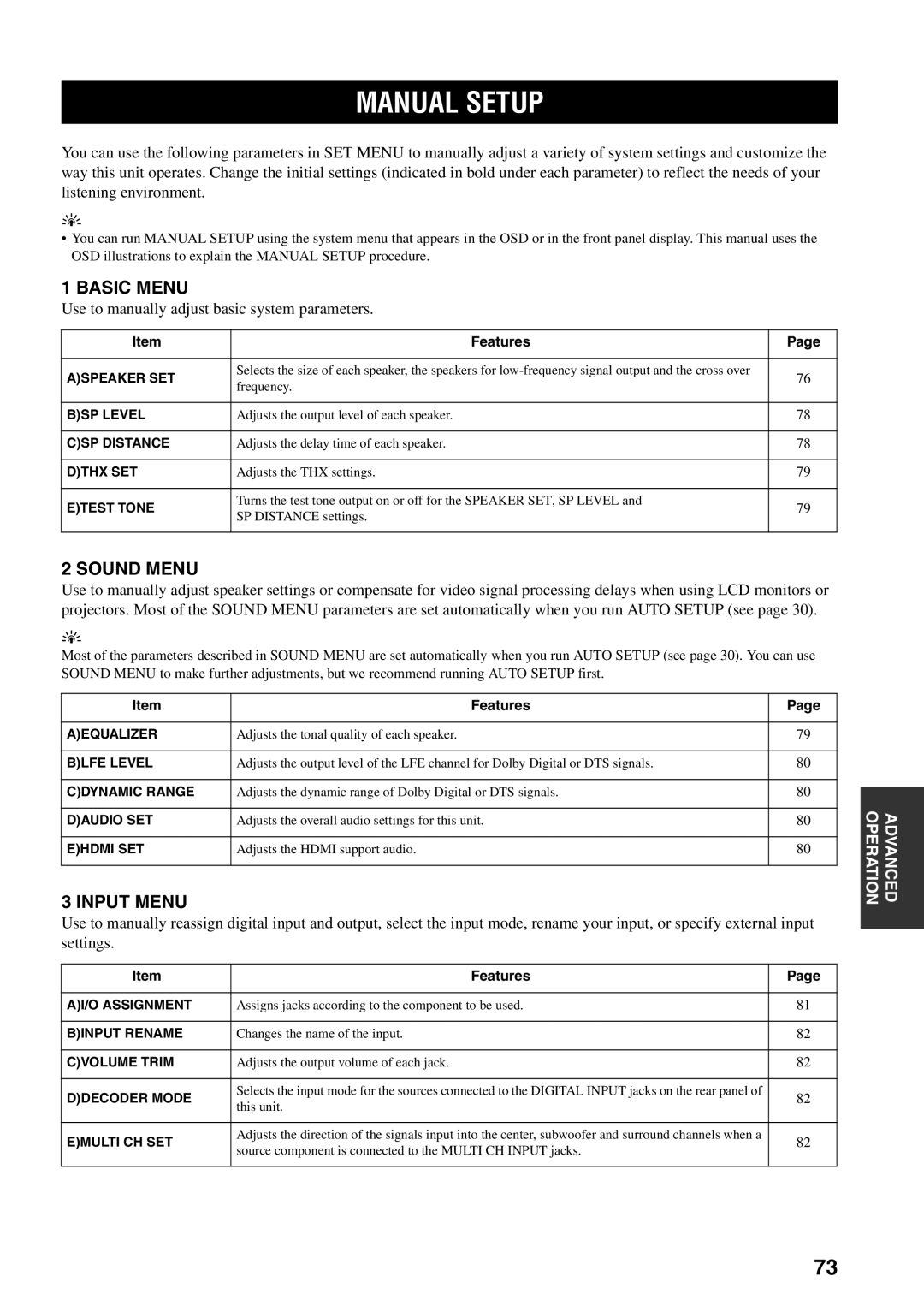 Yamaha HTR-5990 owner manual Manual Setup, Use to manually adjust basic system parameters 