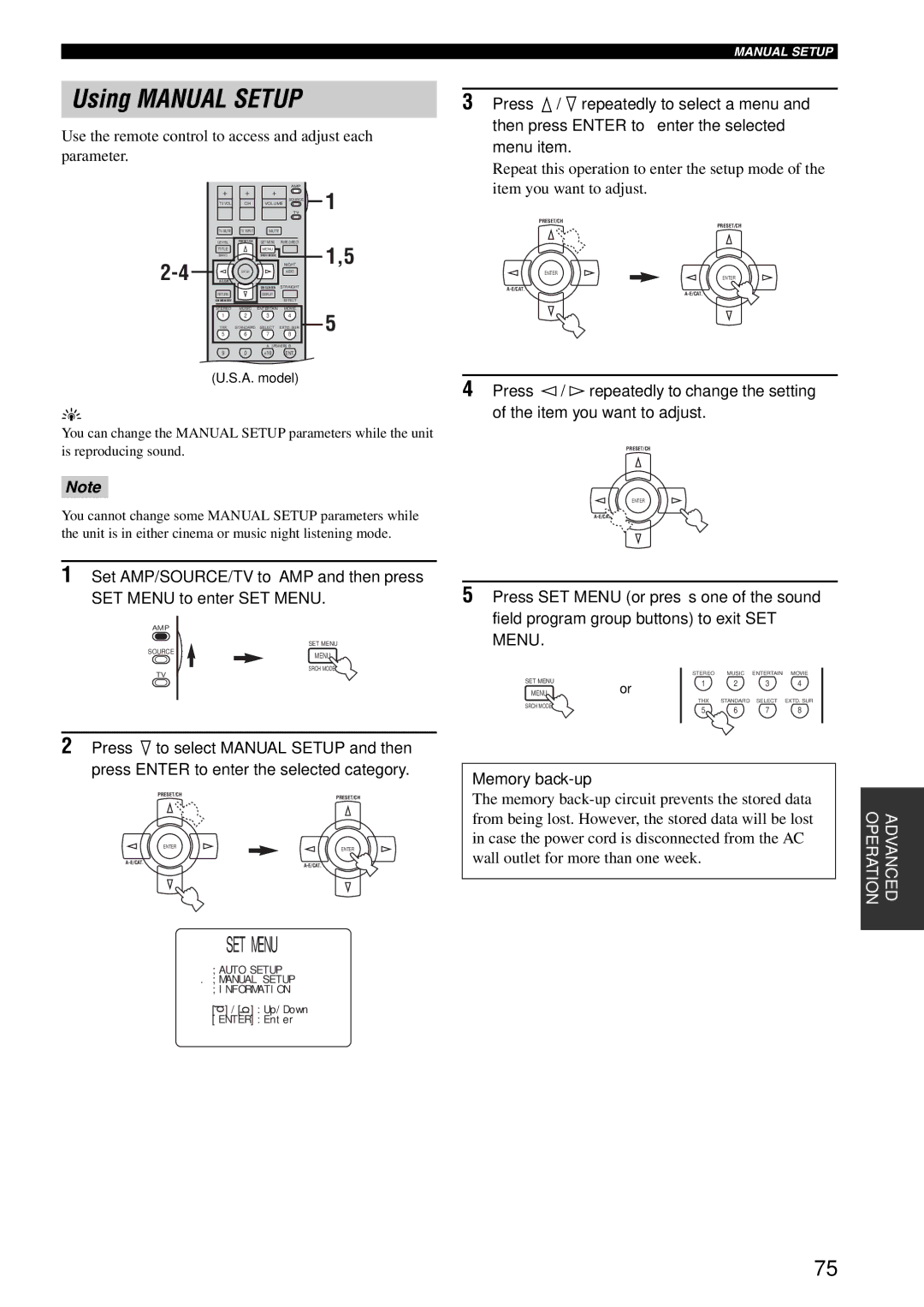 Yamaha HTR-5990 owner manual Using Manual Setup, Use the remote control to access and adjust each parameter 