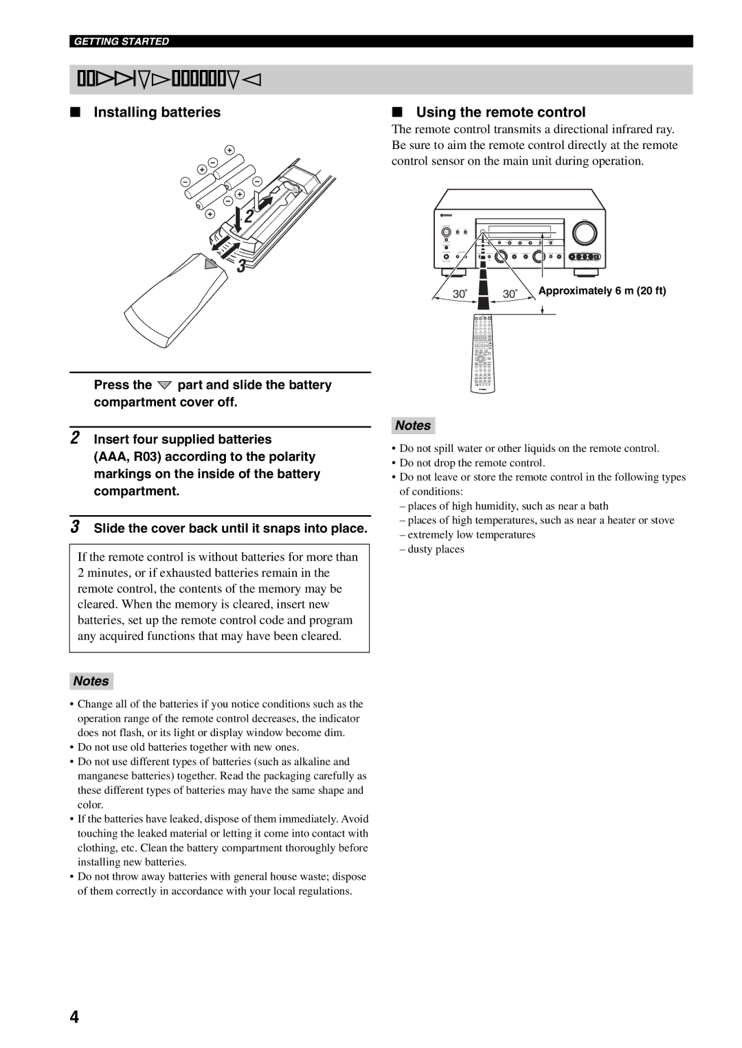 Yamaha HTR-5990 owner manual Preparing the remote control, Installing batteries Using the remote control 