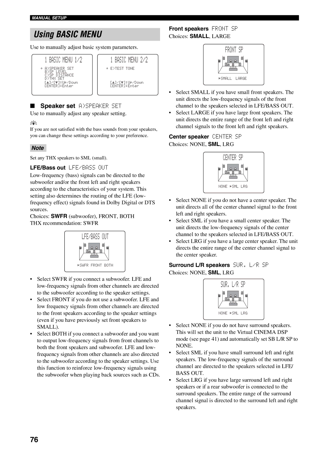 Yamaha HTR-5990 owner manual Using Basic Menu, Lfe/Bass Out, Front SP, Center SP, Sur. L/R Sp 