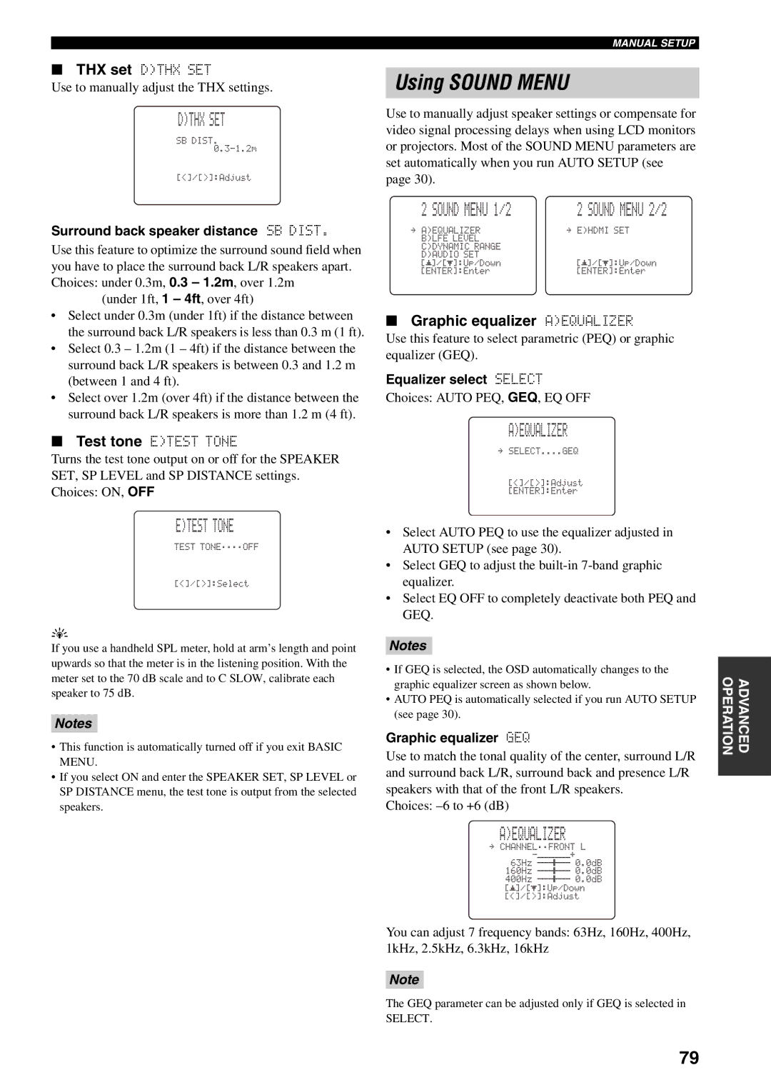 Yamaha HTR-5990 owner manual Using Sound Menu, Dthx SET, Etest Tone, Graphic equalizer Aequalizer 