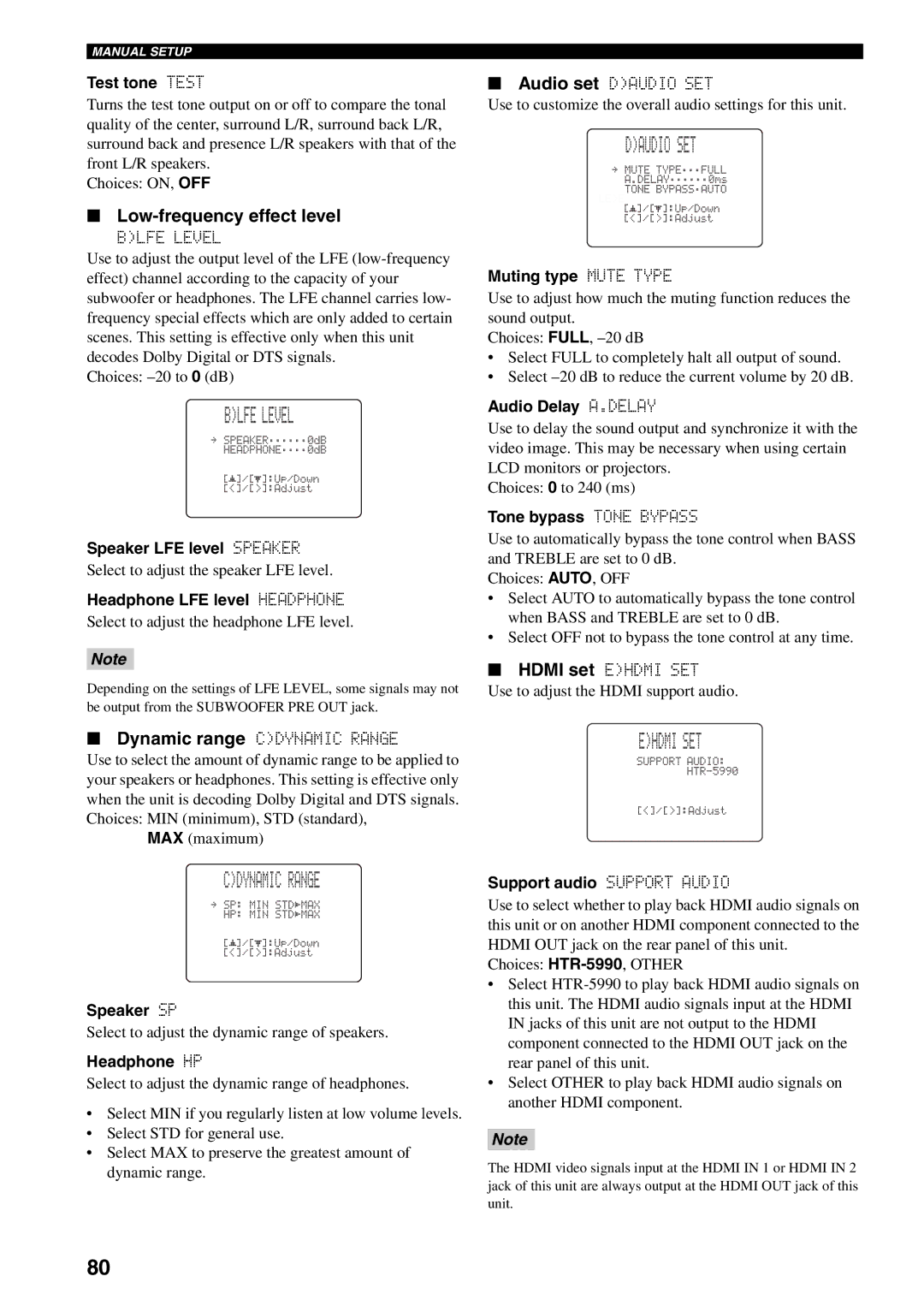 Yamaha HTR-5990 owner manual Blfe Level, Daudio SET, Ehdmi SET, Cdynamic Range, Low-frequency effect level 