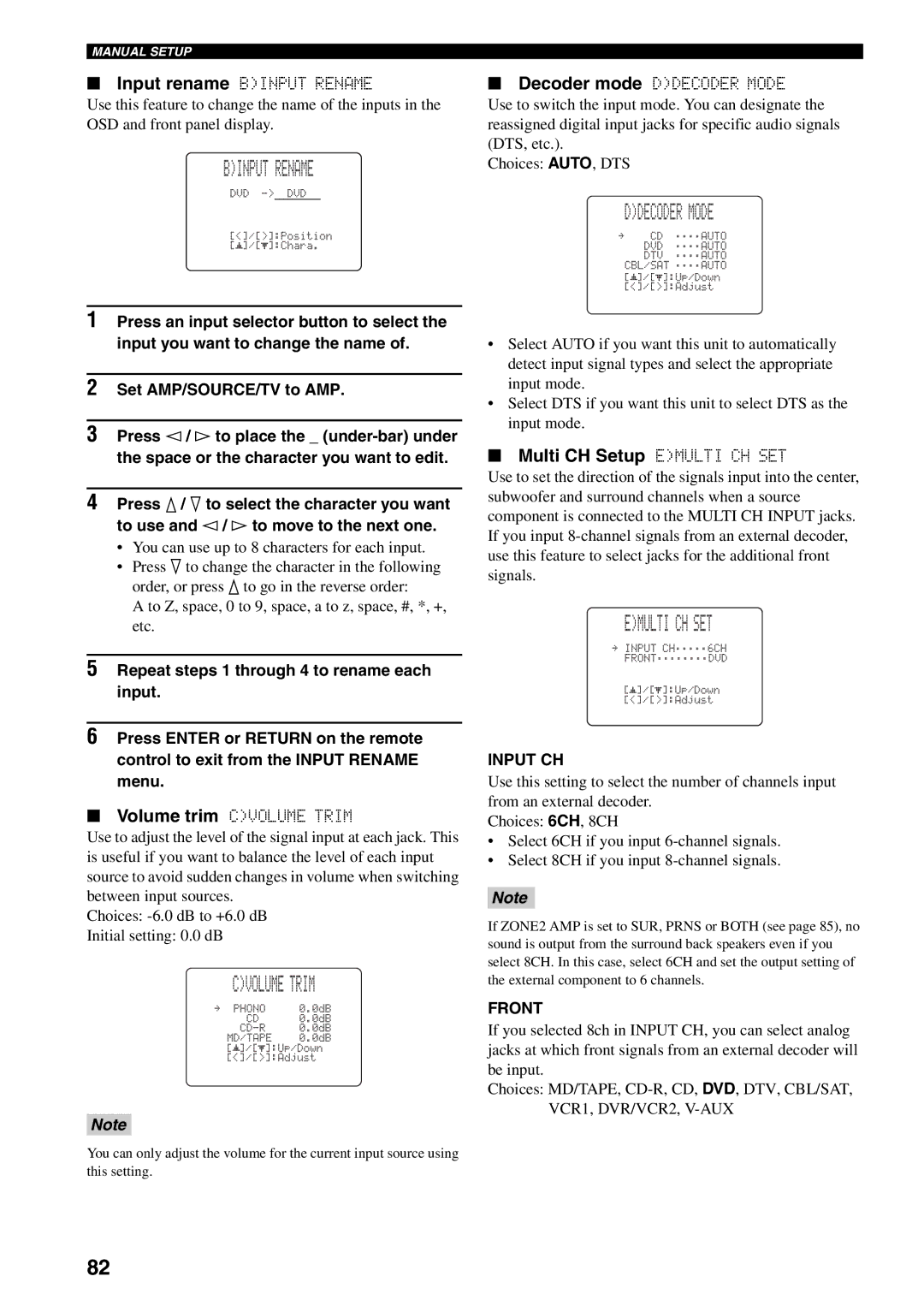 Yamaha HTR-5990 owner manual Binput Rename, Ddecoder Mode, Cvolume Trim, Multi CH Setup Emulti CH SET 