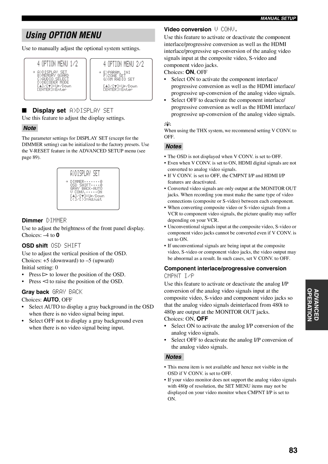 Yamaha HTR-5990 owner manual Using Option Menu, Adisplay SET 