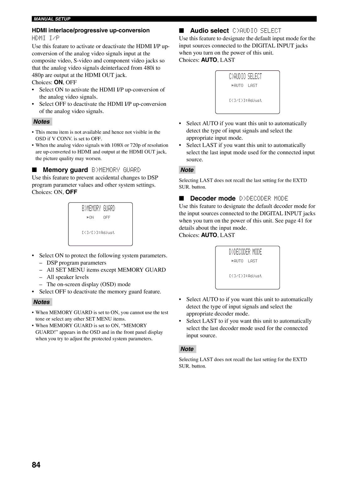 Yamaha HTR-5990 owner manual Bmemory Guard, Caudio Select, Hdmi interlace/progressive up-conversion 