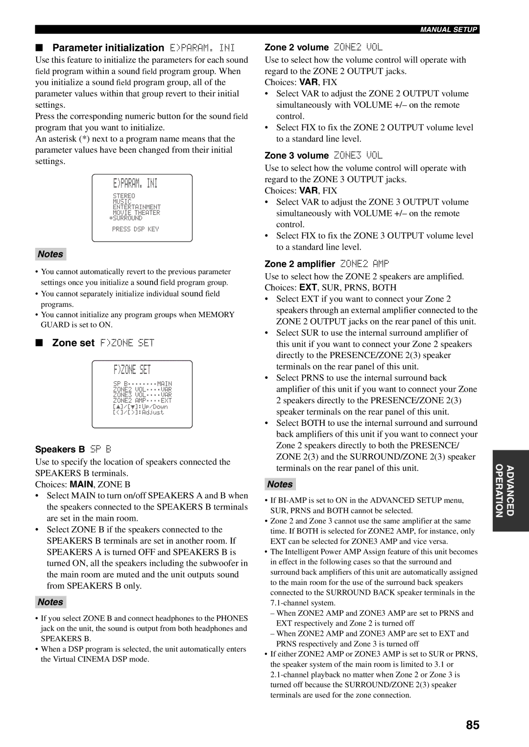 Yamaha HTR-5990 owner manual Eparam. Ini, Fzone SET, Parameter initialization EPARAM. INI 