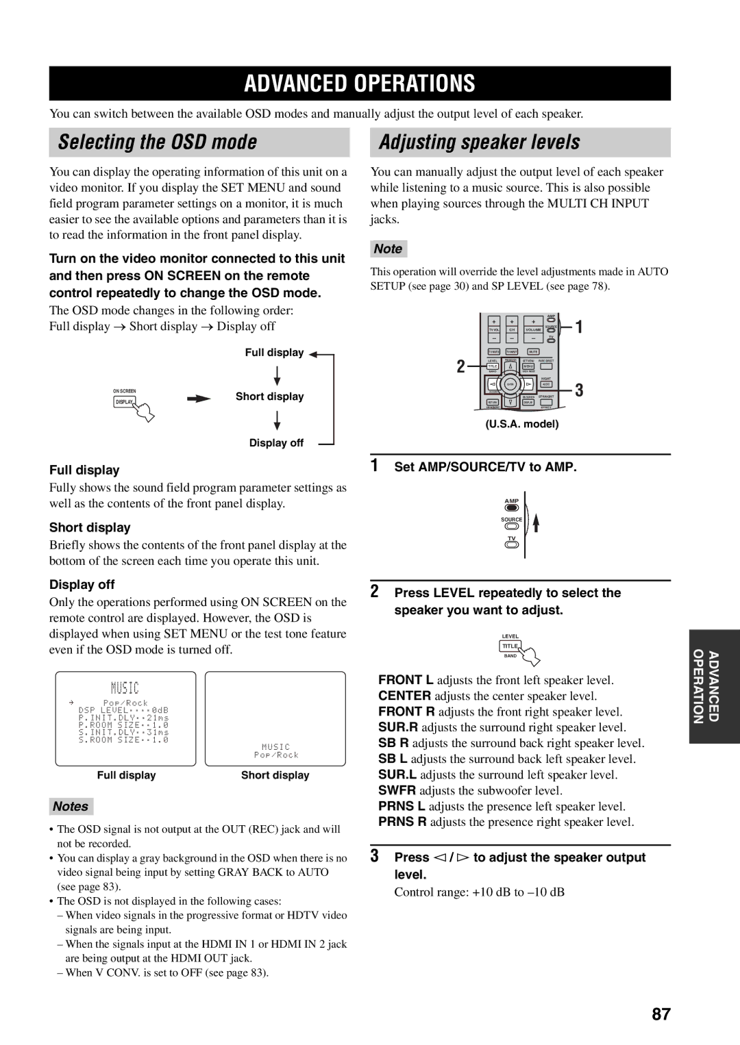 Yamaha HTR-5990 owner manual Advanced Operations, Selecting the OSD mode Adjusting speaker levels 