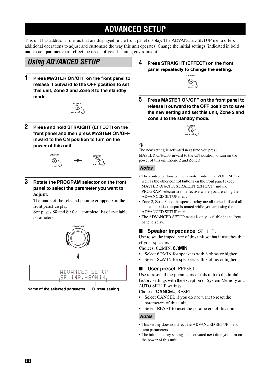 Yamaha HTR-5990 owner manual Using Advanced Setup, Speaker impedance SP IMP, User preset Preset 