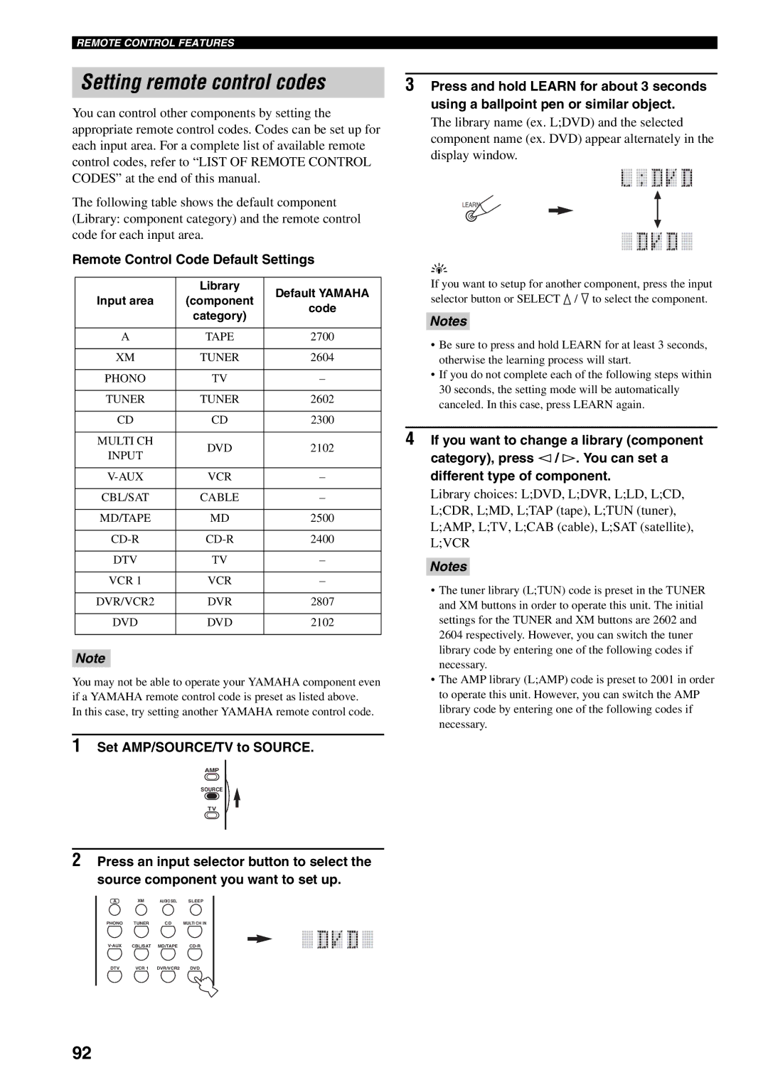 Yamaha HTR-5990 Setting remote control codes, Remote Control Code Default Settings, Set AMP/SOURCE/TV to Source 