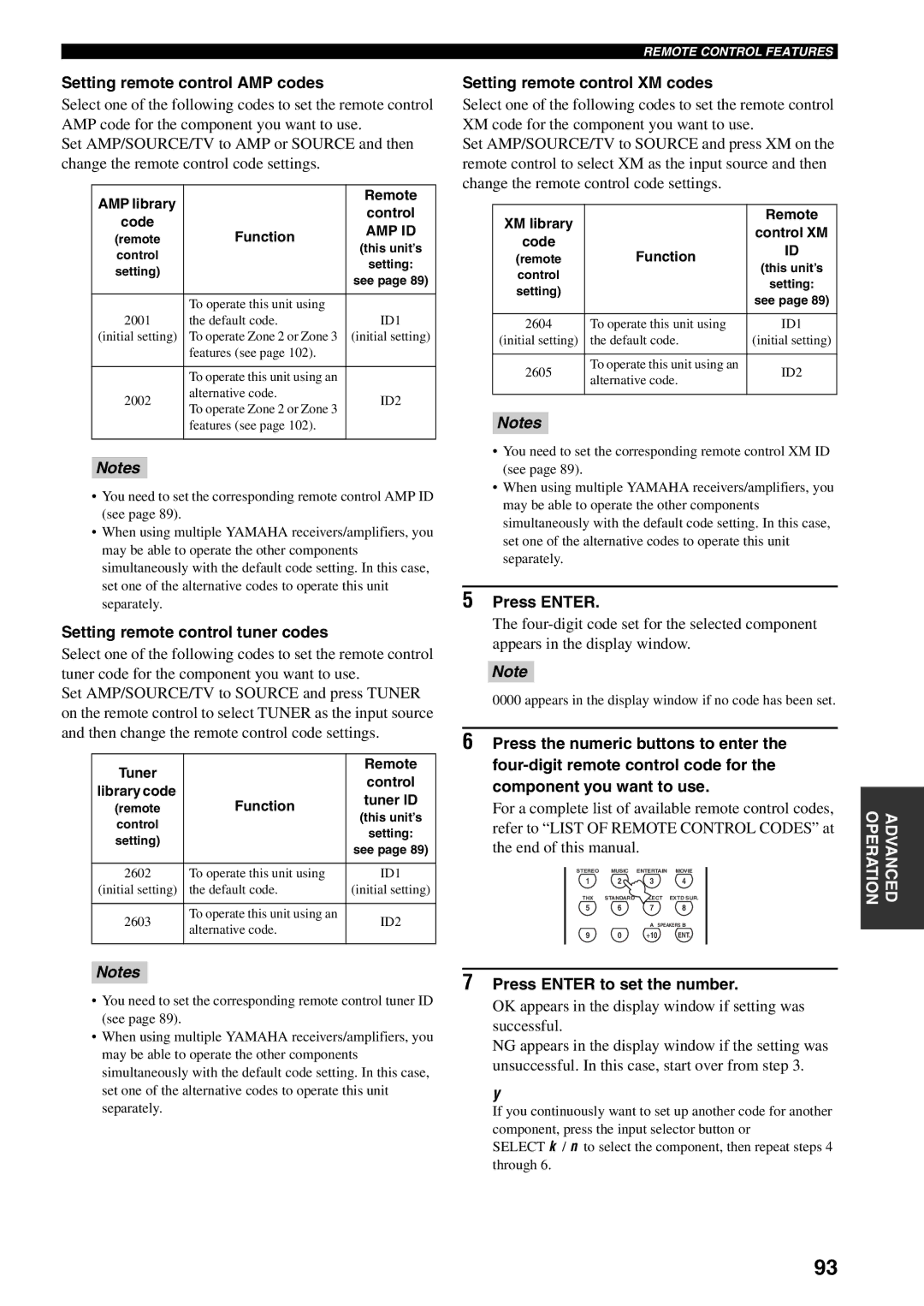 Yamaha HTR-5990 Setting remote control AMP codes, Setting remote control tuner codes, Setting remote control XM codes 