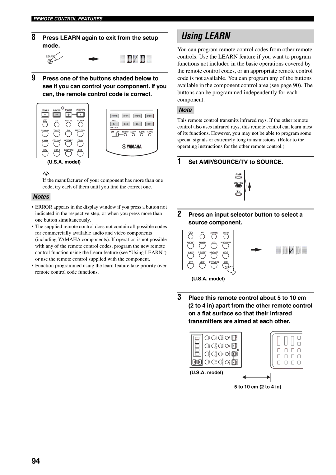 Yamaha HTR-5990 owner manual Using Learn, Press Learn again to exit from the setup mode, A. model To 10 cm 2 to 4 