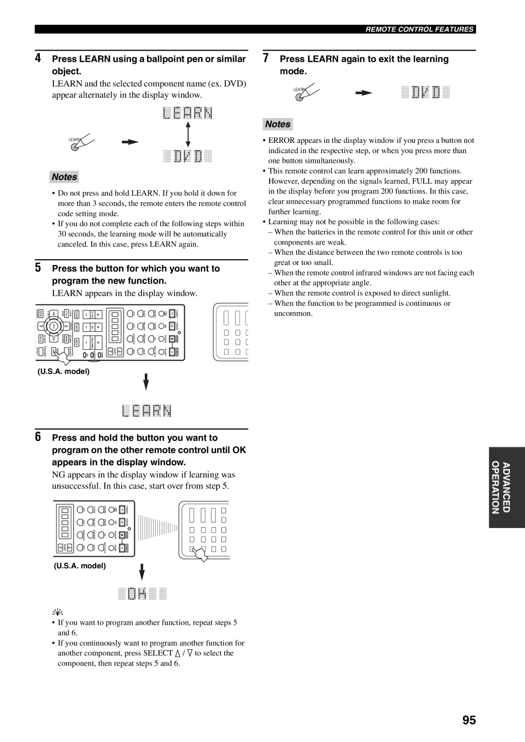 Yamaha HTR-5990 owner manual Press Learn using a ballpoint pen or similar object, Learn appears in the display window 