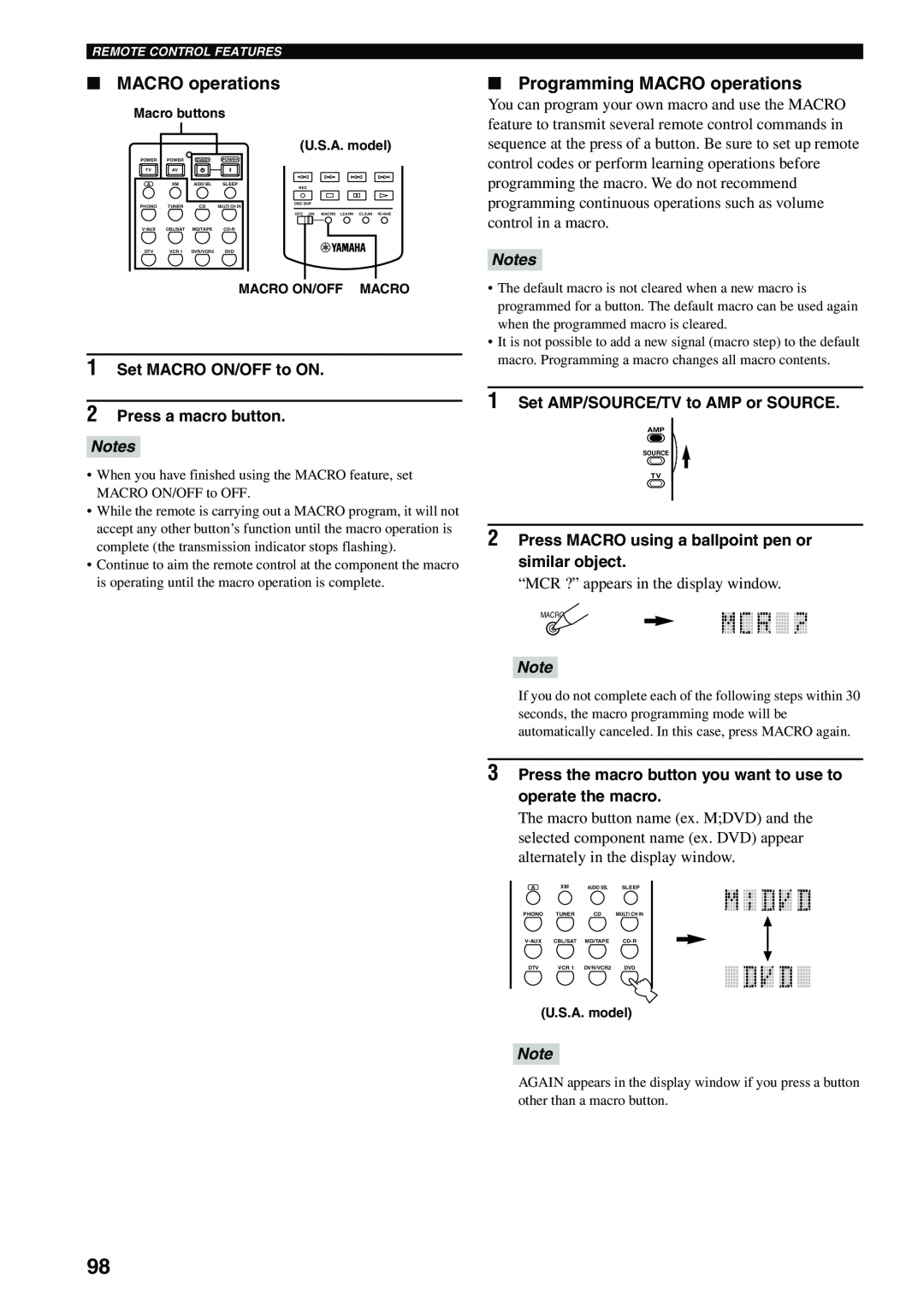 Yamaha HTR-5990 owner manual Programming MACRO operations, 1Set MACRO ON/OFF to ON 2Press a macro button, Notes 