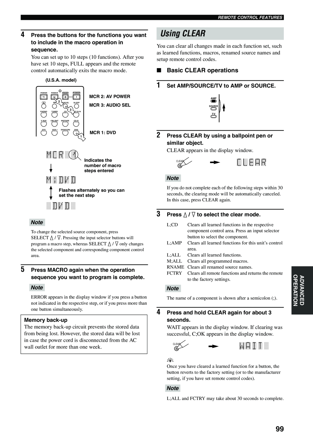 Yamaha HTR-5990 owner manual Using CLEAR, Basic CLEAR operations 