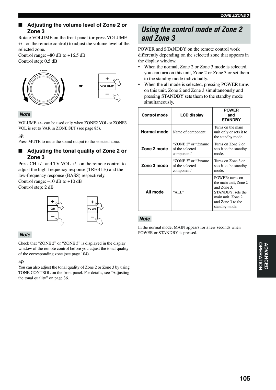 Yamaha HTR-5990 owner manual Using the control mode of Zone 2 and Zone, Adjusting the volume level of Zone 2 or Zone 