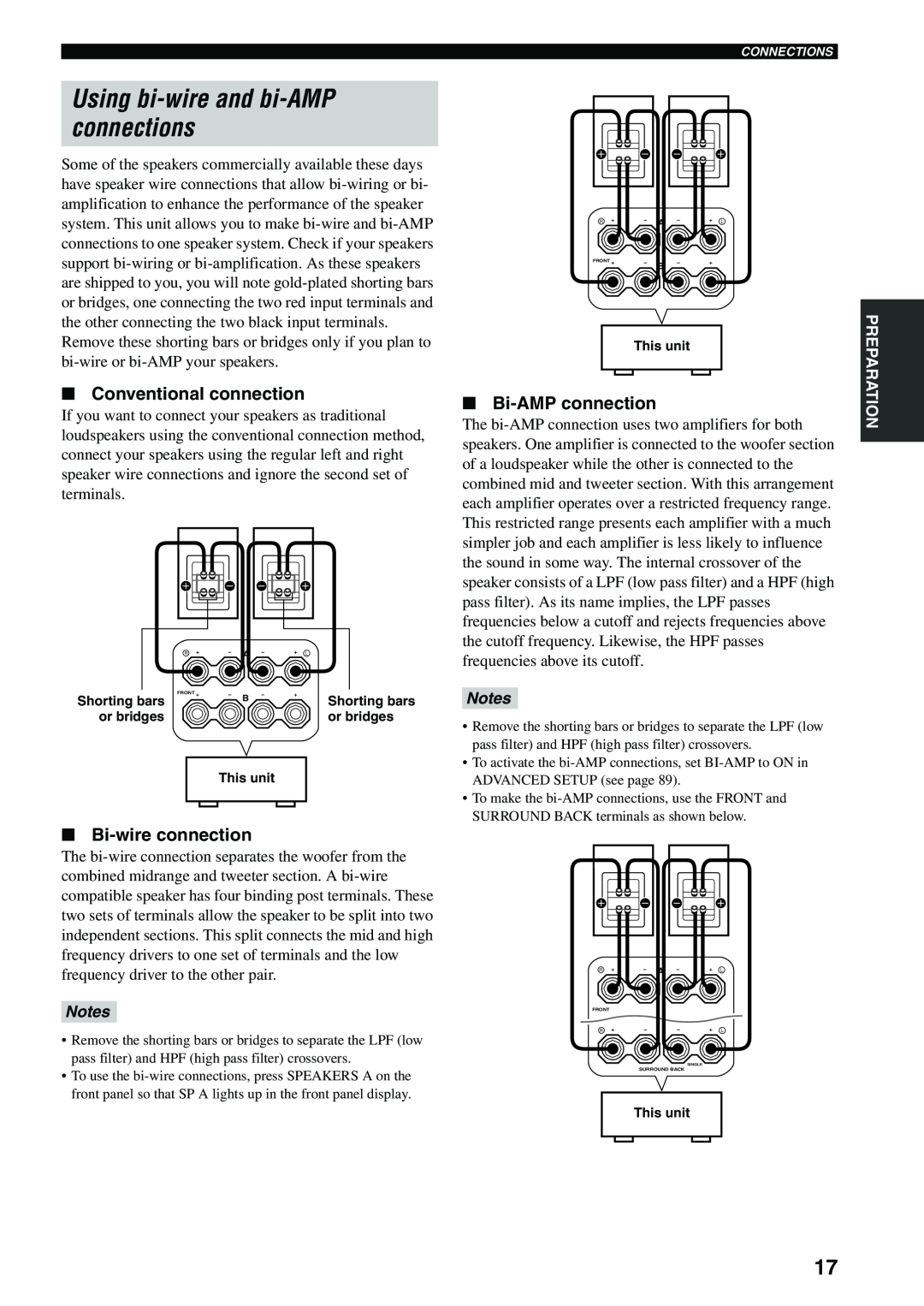 Yamaha HTR-5990 Using bi-wireand bi-AMPconnections, Conventional connection, Bi-wireconnection, Bi-AMPconnection, Notes 