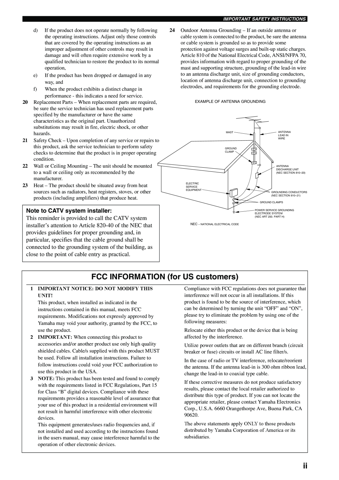 Yamaha HTR-5990 owner manual FCC INFORMATION for US customers, Note to CATV system installer 