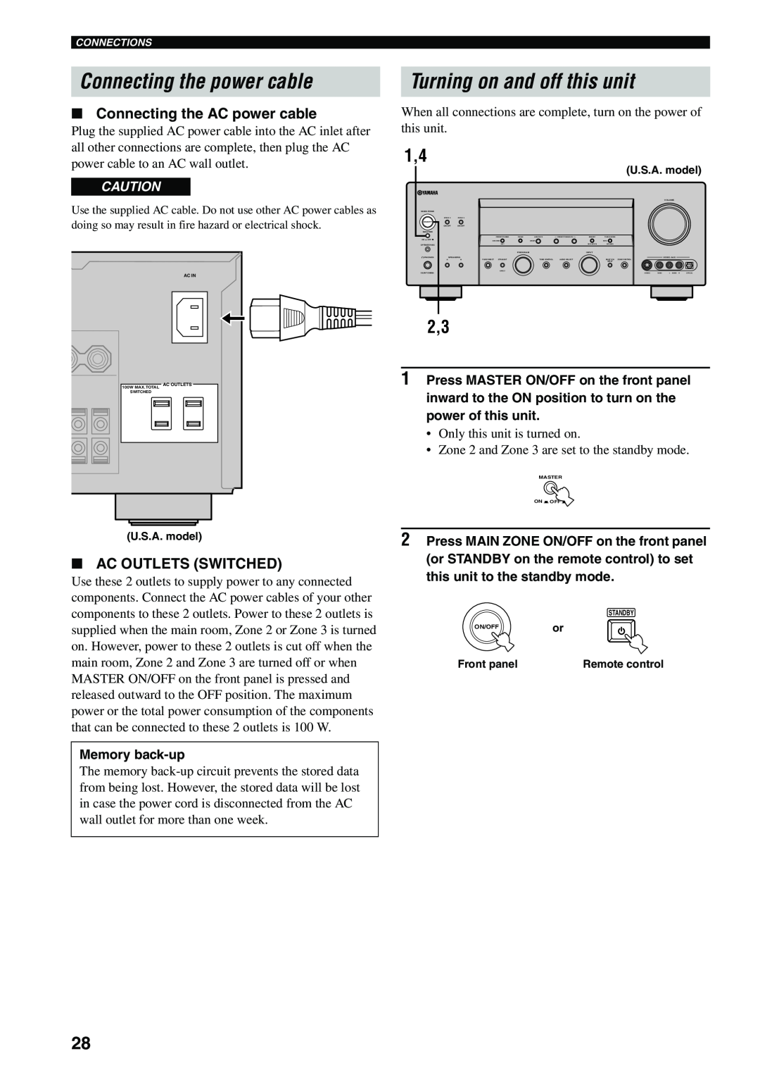 Yamaha HTR-5990 owner manual Connecting the power cable, Turning on and off this unit, Connecting the AC power cable 