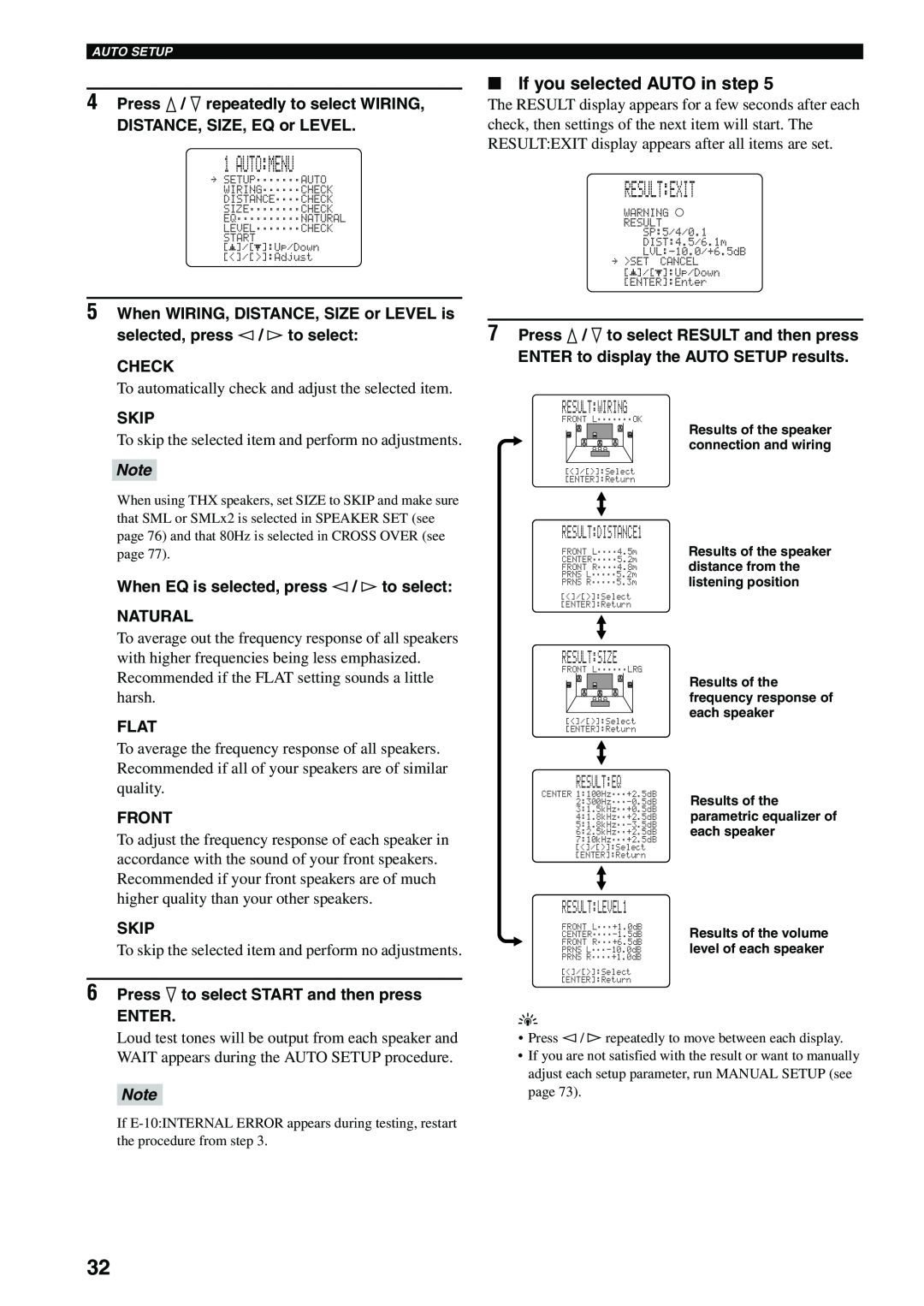 Yamaha HTR-5990 owner manual Auto:Menu, Result Exit, If you selected AUTO in step, Result:Wiring, Result:Size, Result Eq 